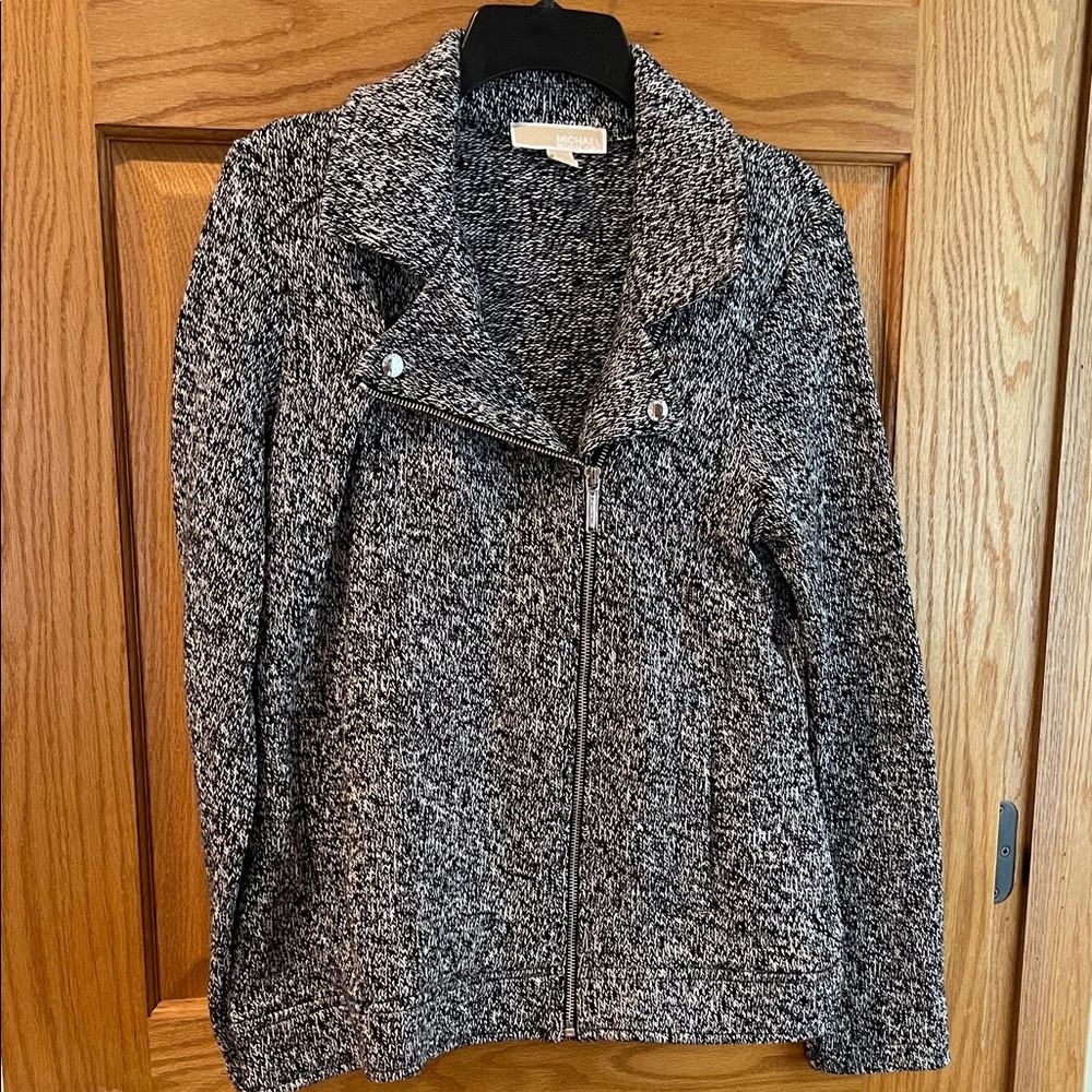 Michael Kors Black and white tweed moto jacket  style sweater women’s large